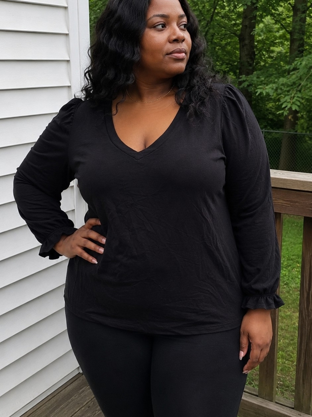 V-Neck Long Sleeve Top with Ruffle Cuffs - Black